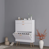 HAOYYE White Shoe Cabinet with 2 Flip Drawers Modern Shoe Rack Storage Organizer for Entryway Hallway or Closet Space-Saving Shoe Storage Cabinet for Heels Boots Sneakers and Slippers Freestanding Narrow Shoe Organizer with Hidden Design